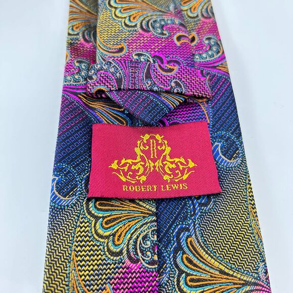 Robert Lewis Vibrant Colorful Jacquard Paisley Print 100% Silk Long Tie - Picture 6 of 10